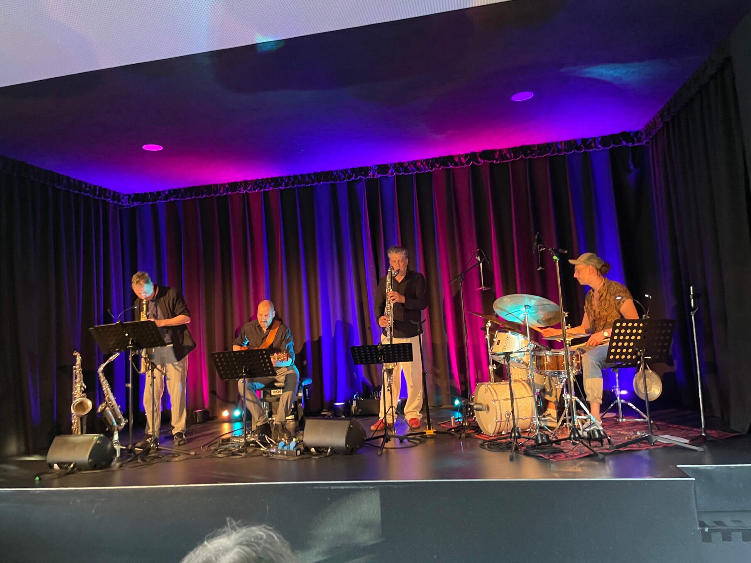 Musiker auf einer Bühne bei gedämpftem lila Licht während eines Konzertes