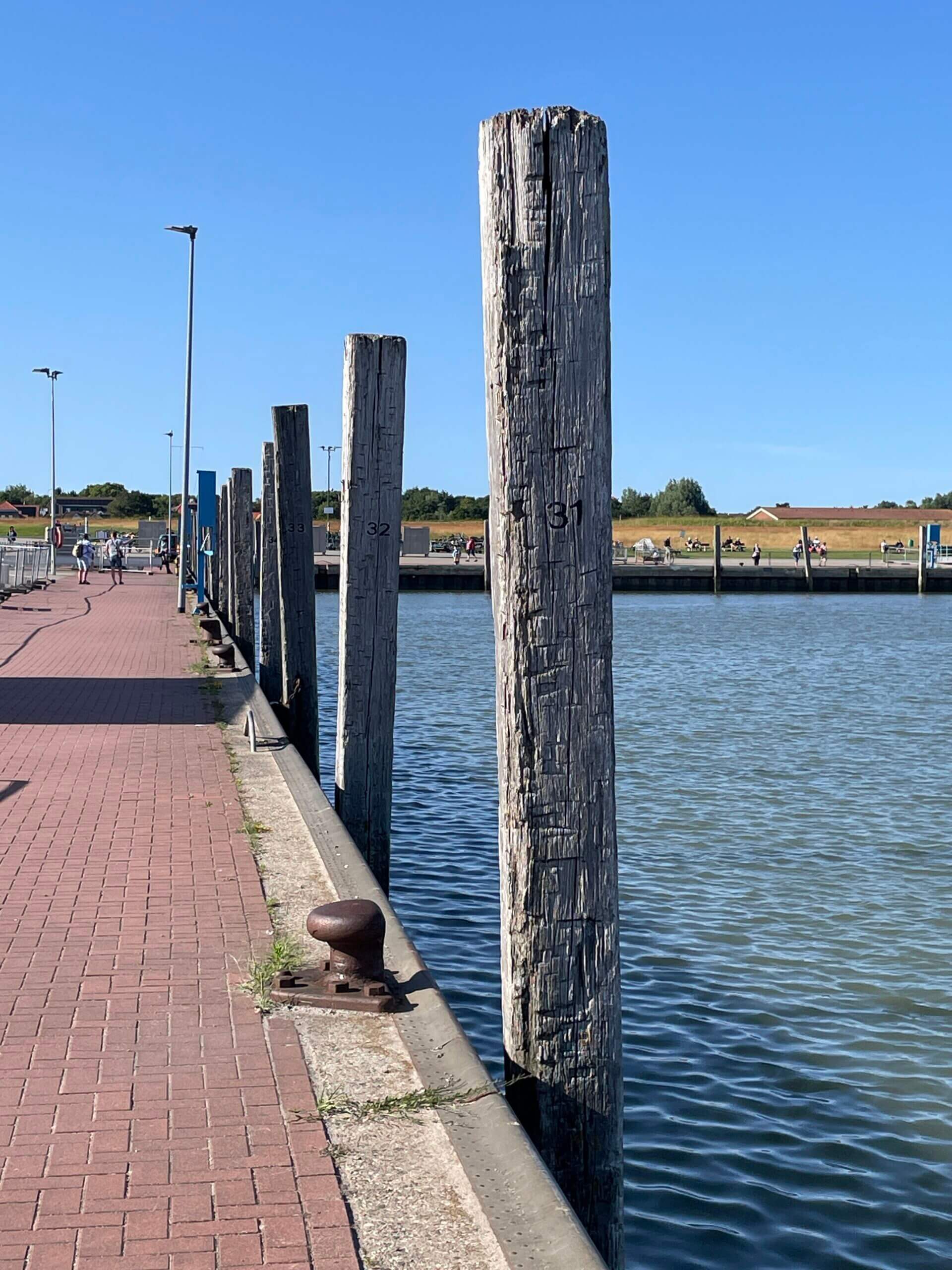 Holzpfähle und Steg im Hafen Spiekeroog bei ruhigem Wasser und blauem Himmel